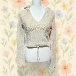 Vintage Y2K Old Navy Cropped Knit Hoodie Sweater XL Cream V Neck Fairycore